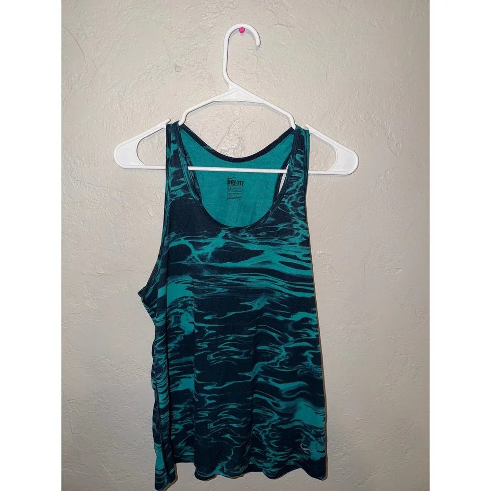 Nike Dri-FIT Womens Teal Navy Marble Print Racerback Athletic Tank Top Large
